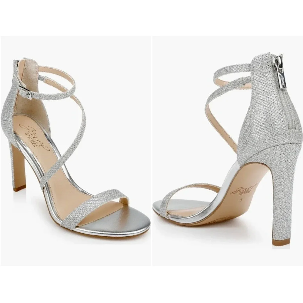 NEW Jewel Badgley Mischka Silver Glitter Stiletto Heels Diana Strappy Sandals 9‎